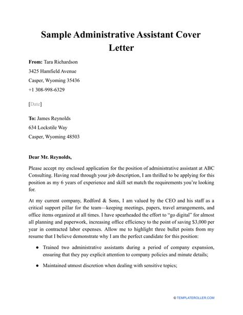 Sample Administrative Assistant Cover Letter Download Printable Pdf