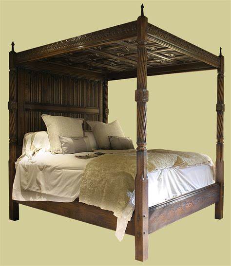 Early Tudor Style Hand Carved Solid Oak Four Poster Bed