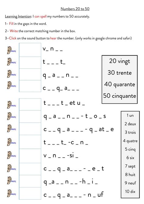 Spelling Numbers 20 To 50 Interactive Worksheet French Worksheets