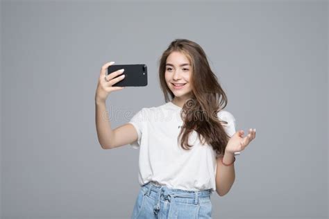 Selfie Time Joyful Young Woman Making Selfie By Her Smart Phone