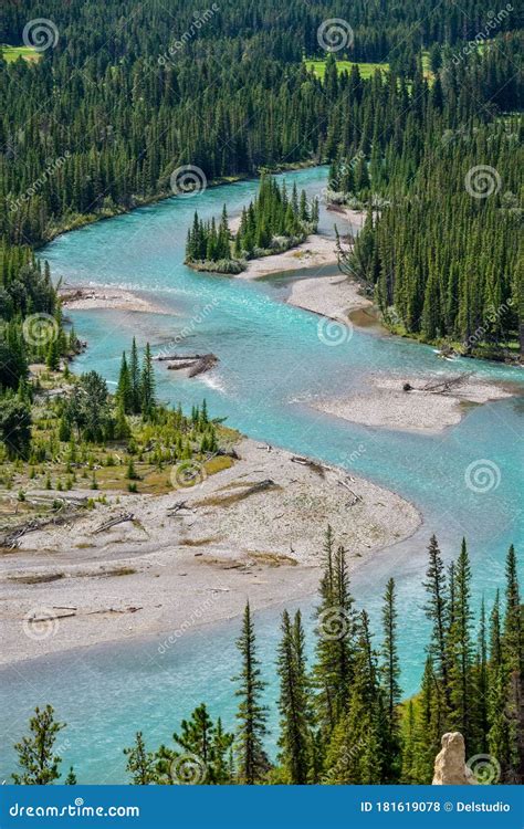 Aerial View Of Bow River Banff National Park Alberta Canada Stock