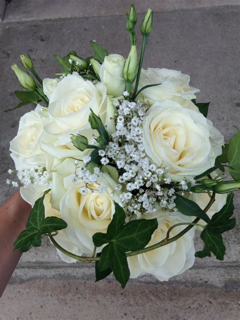 Hand Tied Bouquet Of Avalanche Roses Lisianthus Buds Gypsophila And