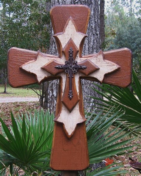 Large Rustice Brownwhite Stacked Wooden Cross With Brown Cast Iron