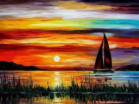 Painting Sunset Sea And Ships Painting Evening On The Sea Waves And