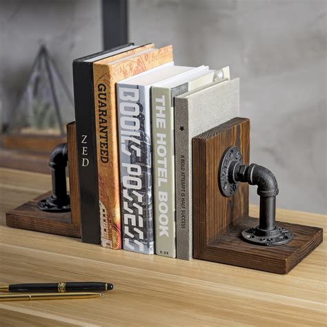Myt Rustic Brown Wood Bookends With Realistic Industrial Pipe Design