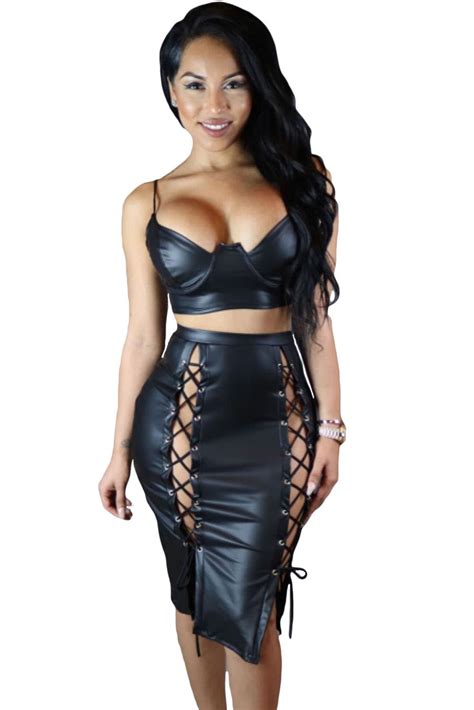 Black Leather Lux 2 Pieces Crop Top And Skirt Set Online