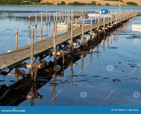 Old Wooden Pier Jetty By The Ocean Natural Landscape Background Stock