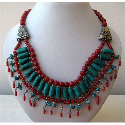 Turquoise And Coral Bohemian Necklace Statement Necklace Bib Necklace