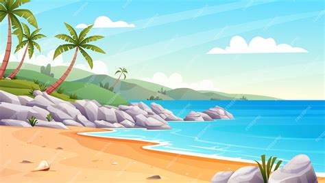 Paisaje De Playa Tropical Con Palmeras Y Rocas En La Ilustración De