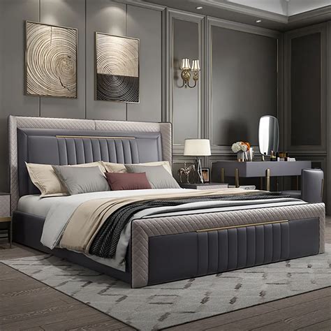Modern Upholstered Cal King Bed Platform Bed Frame With Wingback