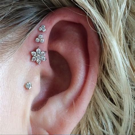 Triple Forward Helix Piercings And Tragus Piercing White Gold Jewelry