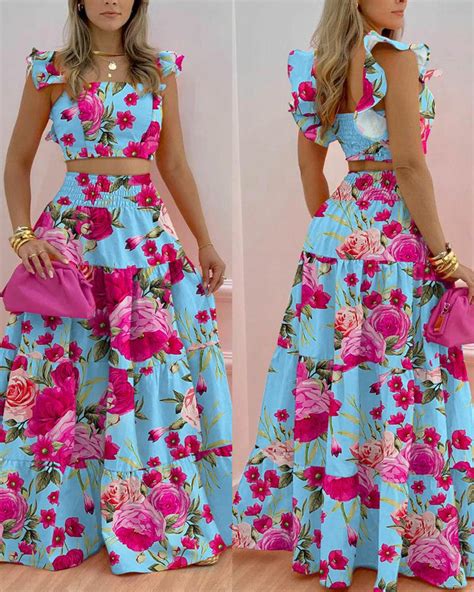 floral print shirred crop top maxi skirt set women 2pcs clothes suit fashion casual sexy spring