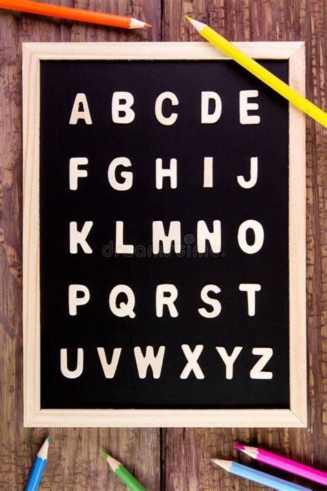 Wooden English Alphabet A Z On The Blackboardcolor Pencil On Wooden