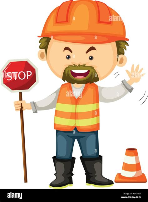 Road Worker With Stop Sign Illustration Stock Vector Image And Art Alamy