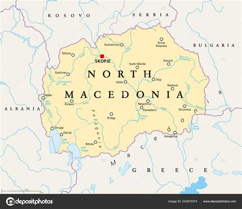 North Macedonia Political Map Capital Skopje Borders Important Cities