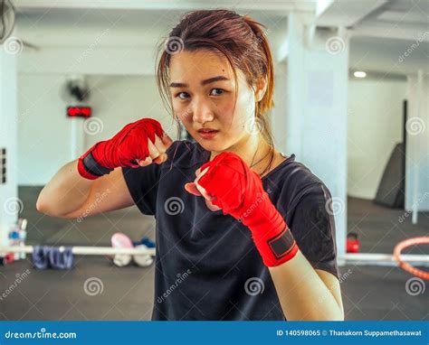 Boxing Woman Young Attractive Asian Woman With Boxing Gloves Are Ready