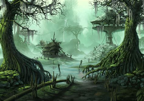 Fantasy Swamp Fantasy Village Trees Swamp City Wallpaper Background