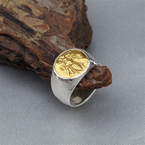 Bold Mens Ring W 24k Gold Plated Bee Coin Roman Art