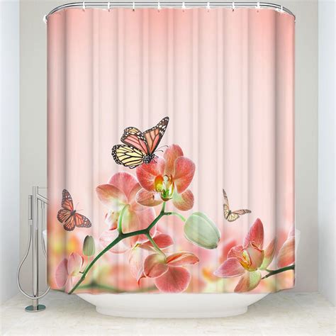 Fabric Flower Shower Curtain Pink Waterproof Polyester Home Bathroom Curtains Butterfly Bath