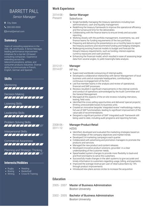 Getting the right vocabulary onto a sales manager resume is often just as important as listing the most relevant roles you've held and tasks you've done. Senior Manager - Resume Samples and Templates | VisualCV