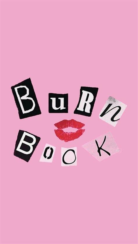 the words burn book written in black and white letters on a pink background with lipstick