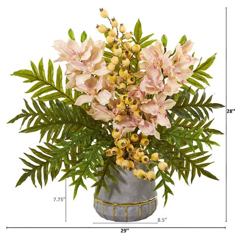 Cymbidium Orchid Pomegranate And Fern Artificial Arrangement Nearly Natural