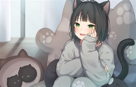 Download 1800x1149 Anime Cat Girl Black Hair Tail Animal Ears Short Hair Wallpapers