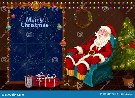 Santa Claus Sitting In Sofa Near Decorated Pine Tree For Merry