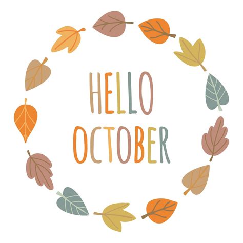 Hello October Greeting Card Wreath Frame Colorful Leaves Foliage