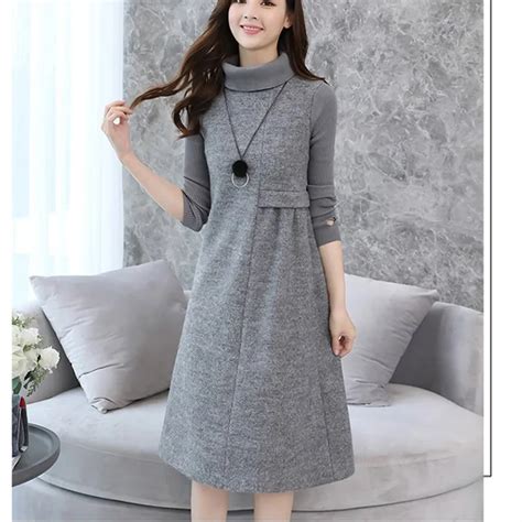 2018 Autumn New Women Soild Warm Dress Wool Blend Dresses Long Sleeve