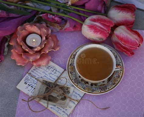 Still Life With Cup Of Tea Candle And Cards Stock Image Image Of