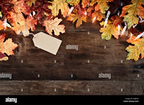 Rustic Fall Background Of Autumn Leaves And Decorative Lights With