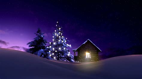 3840x2160 Christmas Lighted Tree Outside Winter Cabin 4k
