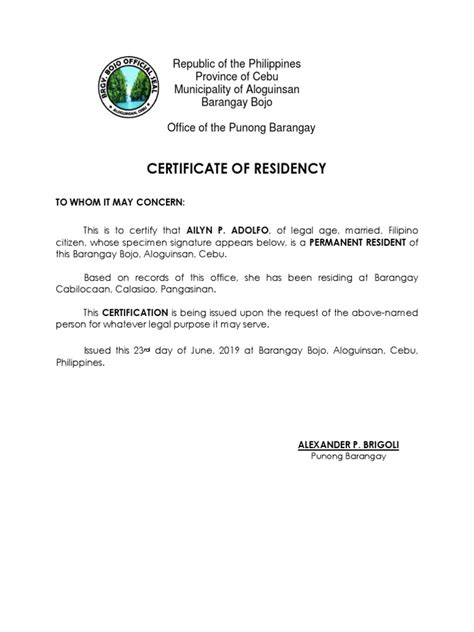Certificate Of Residency