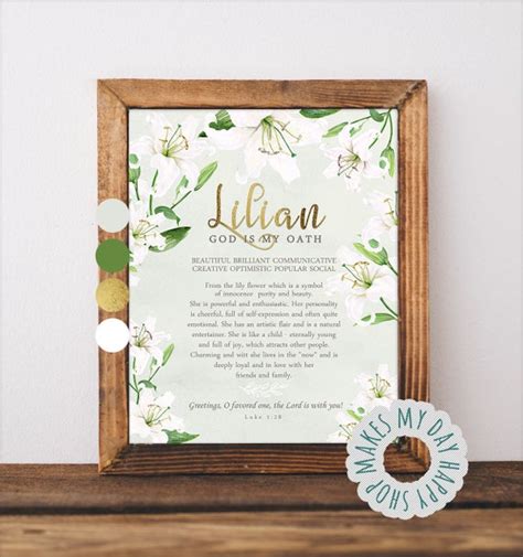 Lily Lillian Name Meaning Birthday Tname Wall Art Etsy