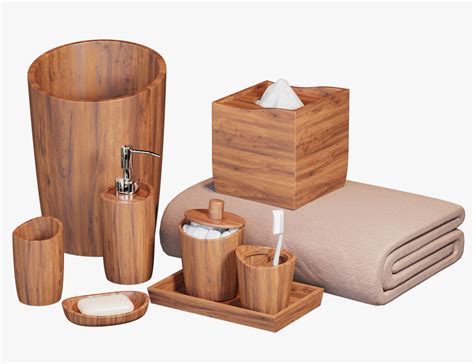 From bathroom bins to decorative light pulls and soap dishes. wastebasket Acacia Handcrafted Wood Bath Accessories 3D