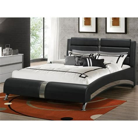 bowery hill faux leather modern king platform bed with padded headboard in black and chrome