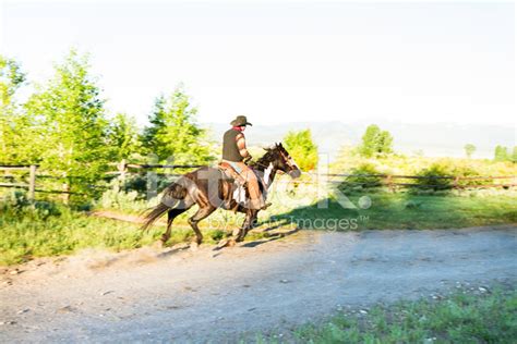 Cowboy Galloping Down A Dirt Road Stock Photo Royalty Free Freeimages