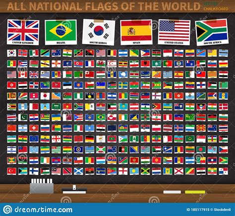 All National Flags Of The World On Realistic Black Color Chalkboard