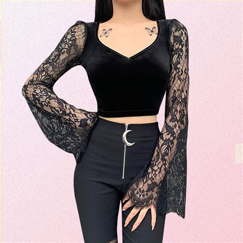 Black Long Flared Sleeve Lace Crop Top Goth Aesthetic Shop