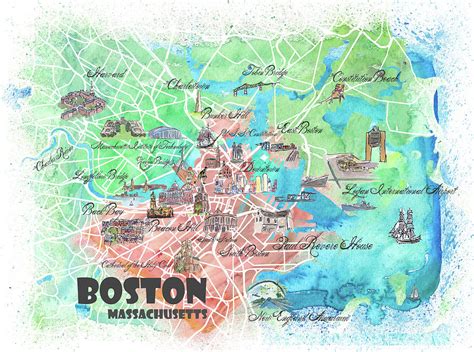 Boston Massachusetts Usa Illustrated Map With Main Roads Landmarks And