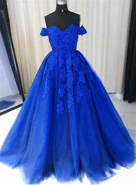 Beautiful Royal Blue Tulle Long Party Dress Off Shoulder Sweet 16