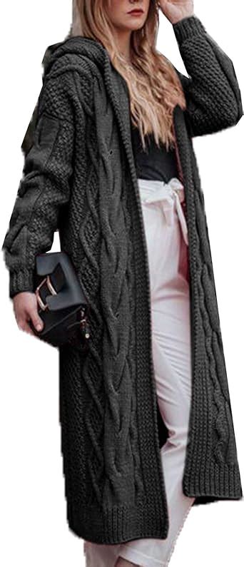 Dantees Women Long Cardigan Sweater Jacket Hooded Open Front Cable Knit Sweaters Coat Black Xxl