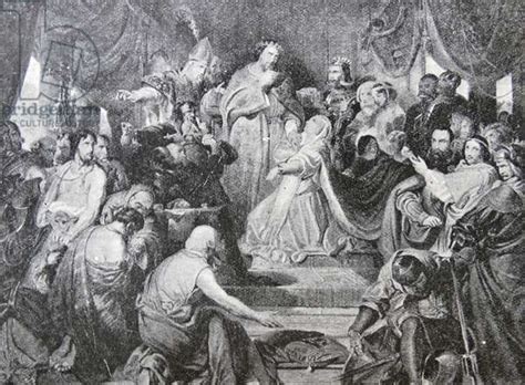 Engraving Depicting The Queen Philippa Of Hainault Pleading Before King