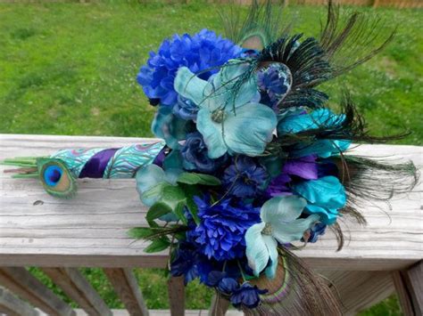 peacock bridal bouquet teal purple blue bridal bouquet with peacock feather accent etsy