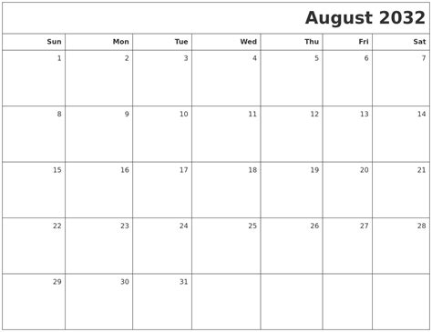 August 2032 Printable Blank Calendar