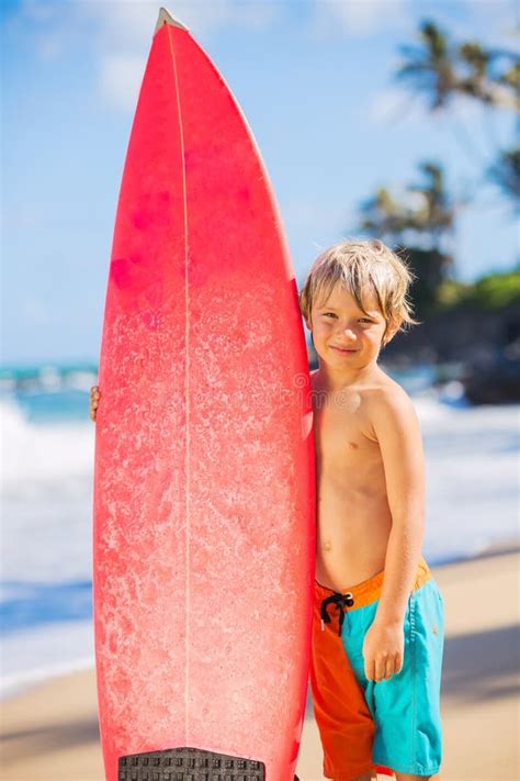 Happy Young Boy At The Beach With Surfboard Stock Photo Image Of