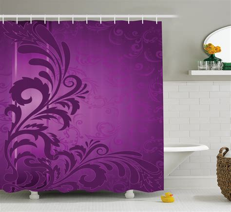 Purple Shower Curtain Spiralling Floral Branch On The Vertical Strip