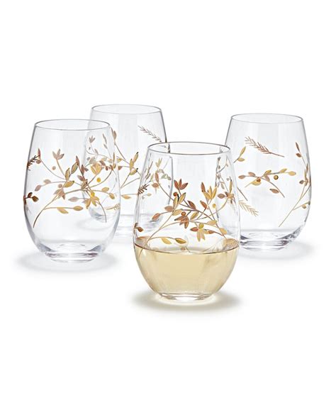 Hotel Collection Gold Floral Etched Stemless Wine Glasses Set Of 4 Created For Macy S Macy S