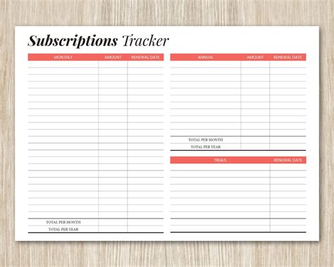 Subscriptions Tracker Printable Regular Monthly Expenses Log Yearly